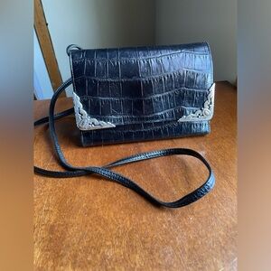 Vintage Brighton Black Leather Croc Wallet Crossbody Clutch